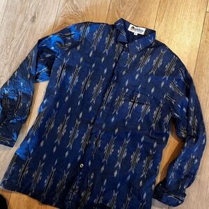 Batik Keris Mens Blue Hand Woven Ikat Long Sleeve Button Up Shirt Size 17